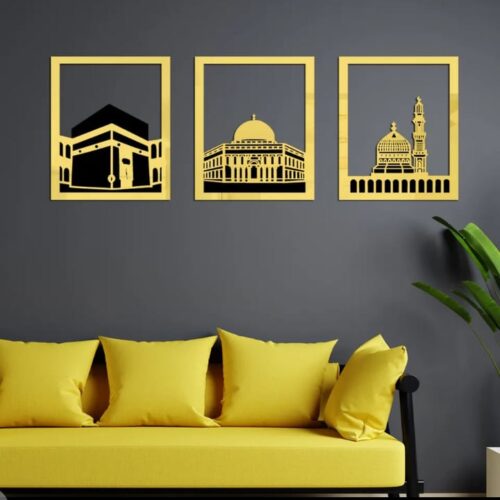 Set Of 3 Masjid Al-Haram – Masjid Al-Aqsa & Masjid An-Nabawi Wall Decor Wall Golden