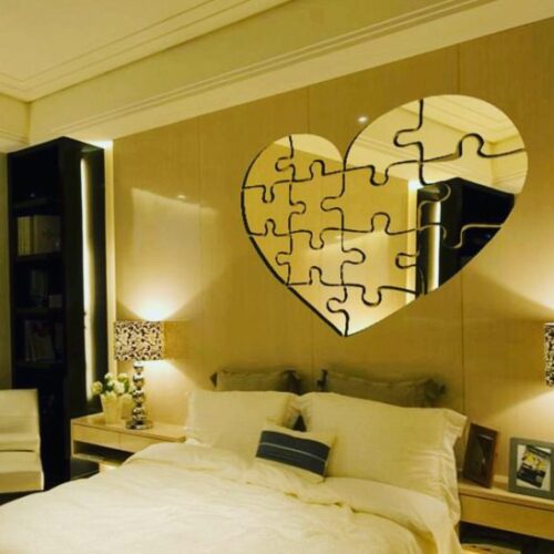 Wall Mirror Frameless Heart Puzzle Design Makeup Mirror – Color Silver – Size 24inch